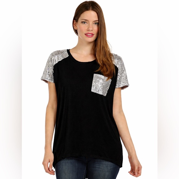 POL Tops - POL Sequin Shoulder & Pocket Tee - Black with Silver
